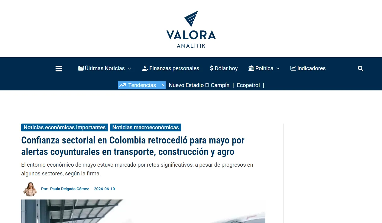 Confianza sectorial en Colombia retrocedió en mayo por alertas en transporte, construcción y agro